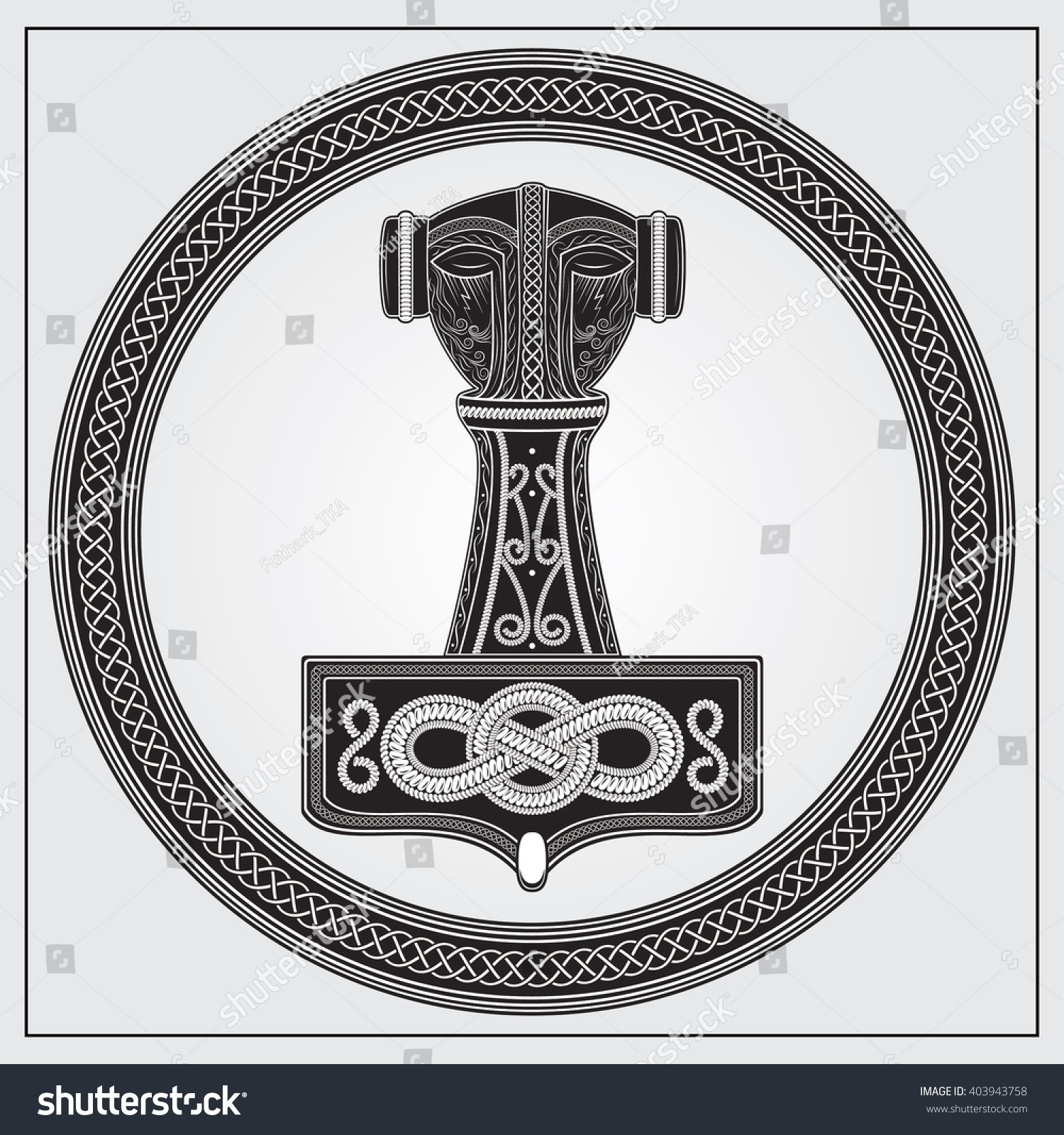 SVG of ALSO AVAILABLE HERE: https://www.etsy.com/ru/listing/508716141/mjolnir-thors-hammer-digital

Design element. Logo symbol in knotted frame. Mjolnir. Thor's Hammer. Viking amulet. svg
