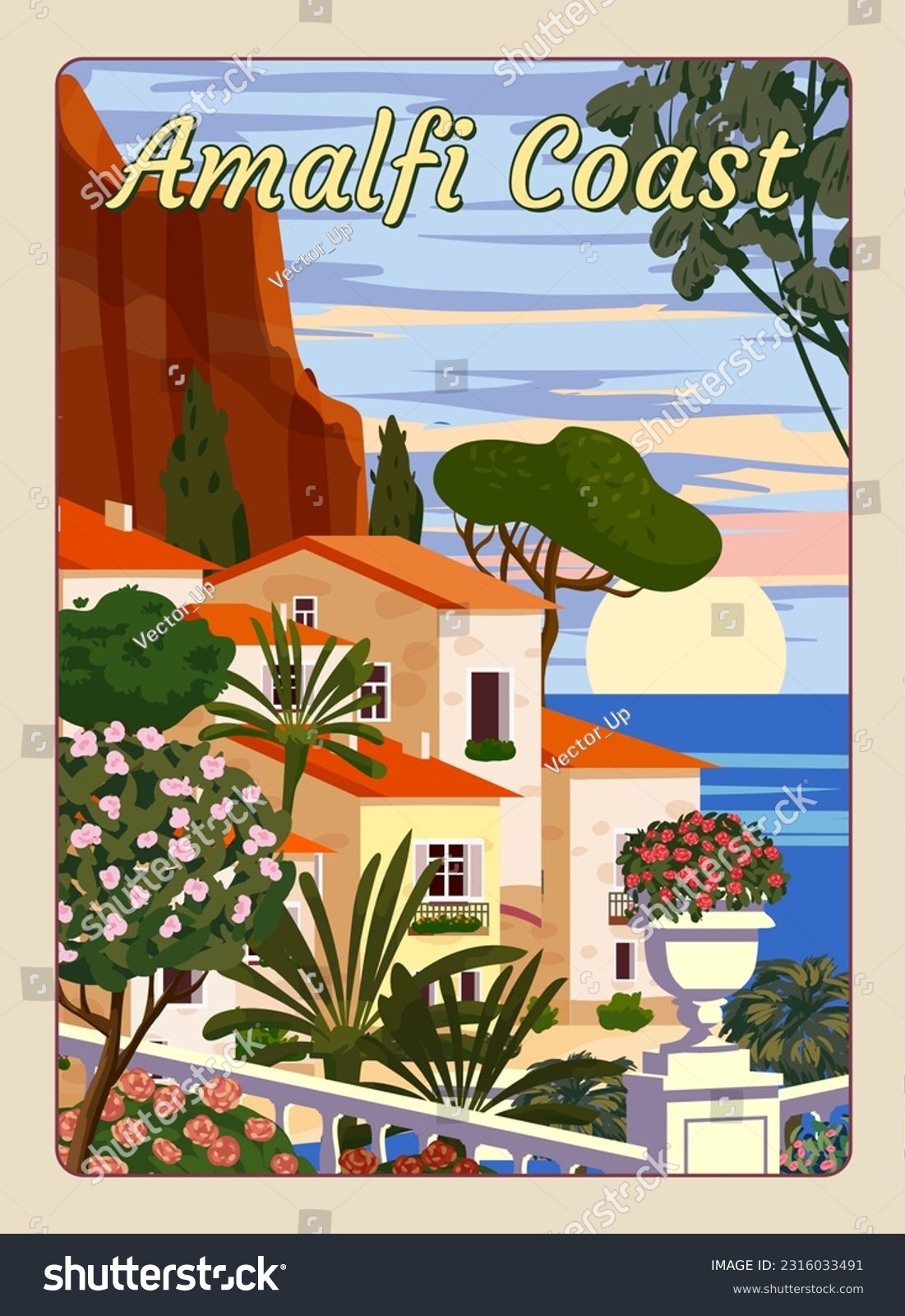 SVG of Amalfi Coast Italy, mediterranean romantic landscape, mountains, seaside town, sea. Retro poster travel svg