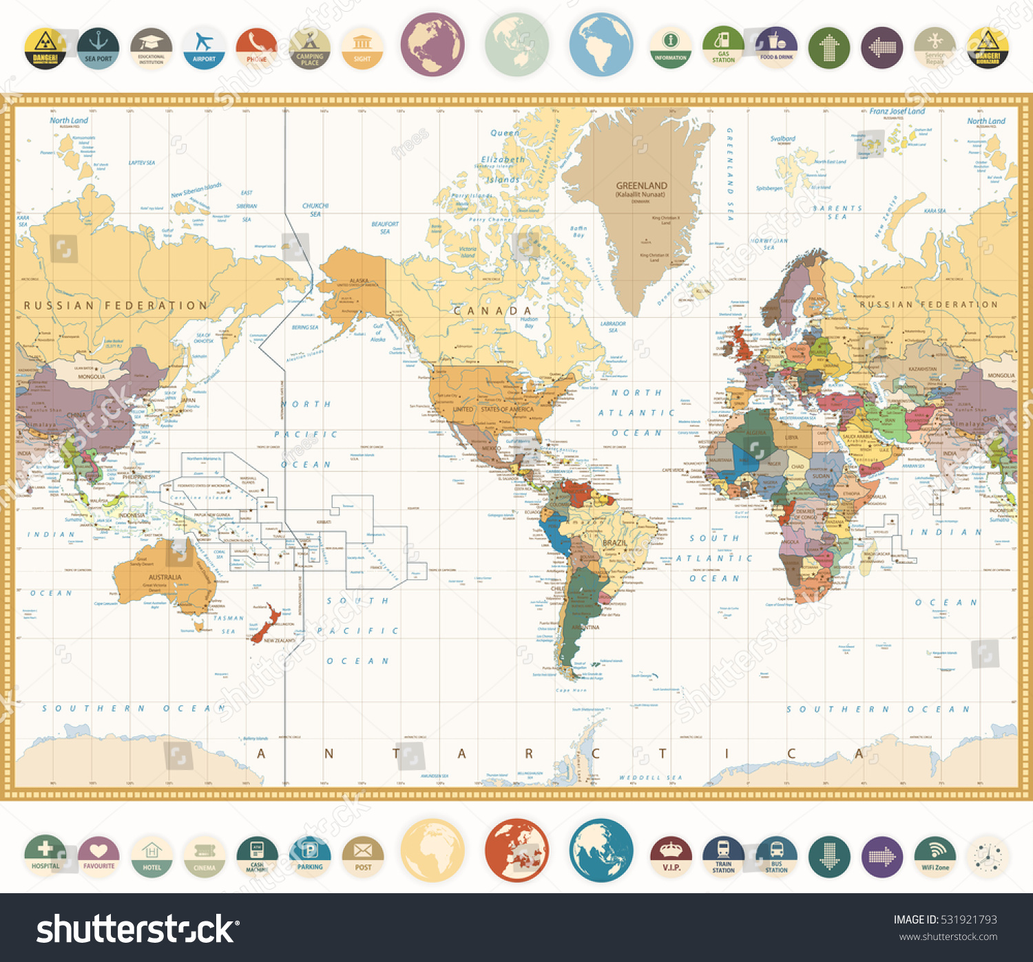 America Centered World Map Flat - Stock Vector America Centered World Map With Flat Icons And Globes Vintage Colors Highly Detailed Vector 531921793