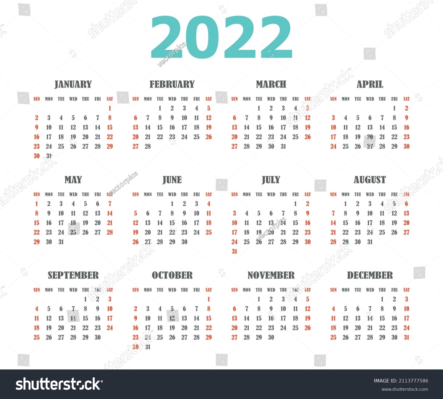 American Calendar 2022 English Week Starts Stock Vector (Royalty Free ...