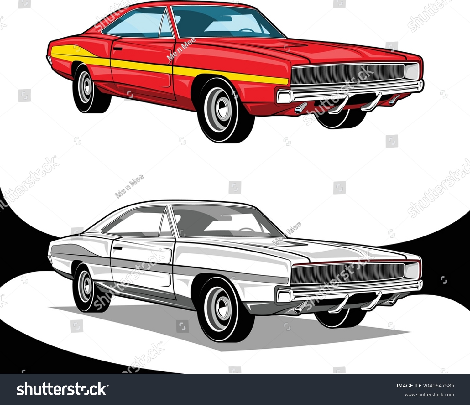 SVG of American Classic Muscle Cars Red Yellow Black and White svg