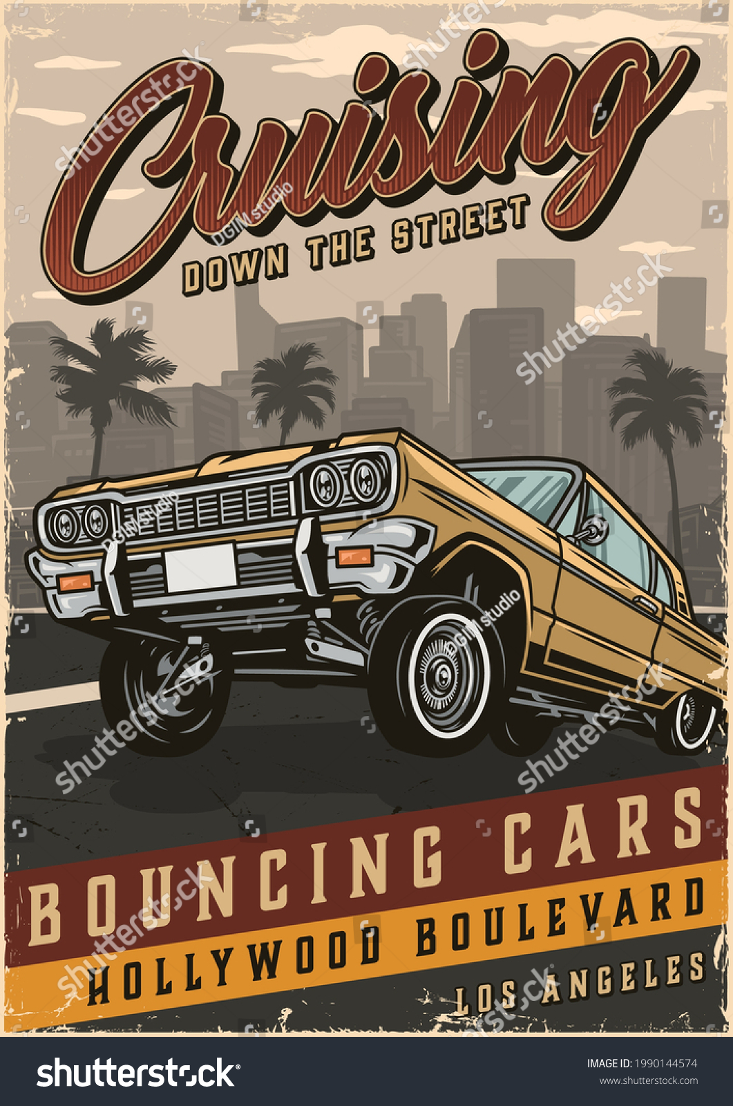 SVG of American custom car vintage colorful poster with bouncing lowrider on Los Angeles cityscape vector illustration svg