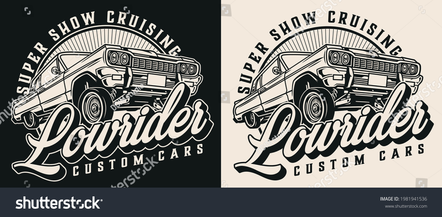 SVG of American custom car vintage print with letterings and lowrider automobile in monochrome style isolated vector illustration svg