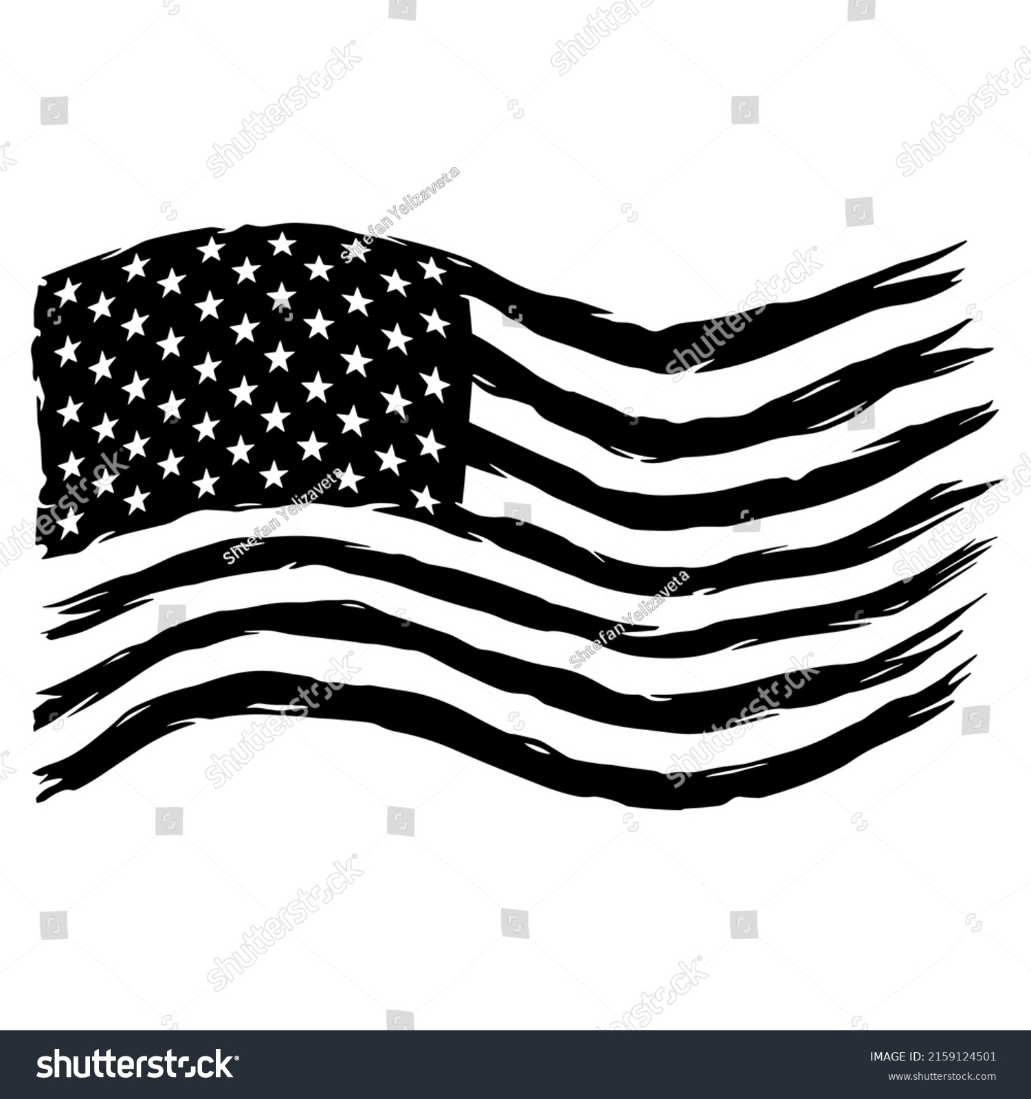 SVG of American Distressed Flag. USA Grunge Patriotic Symbol. Silhouette Stoke Icon.United States of America american flag, black isolated on white background, vector illustration. svg