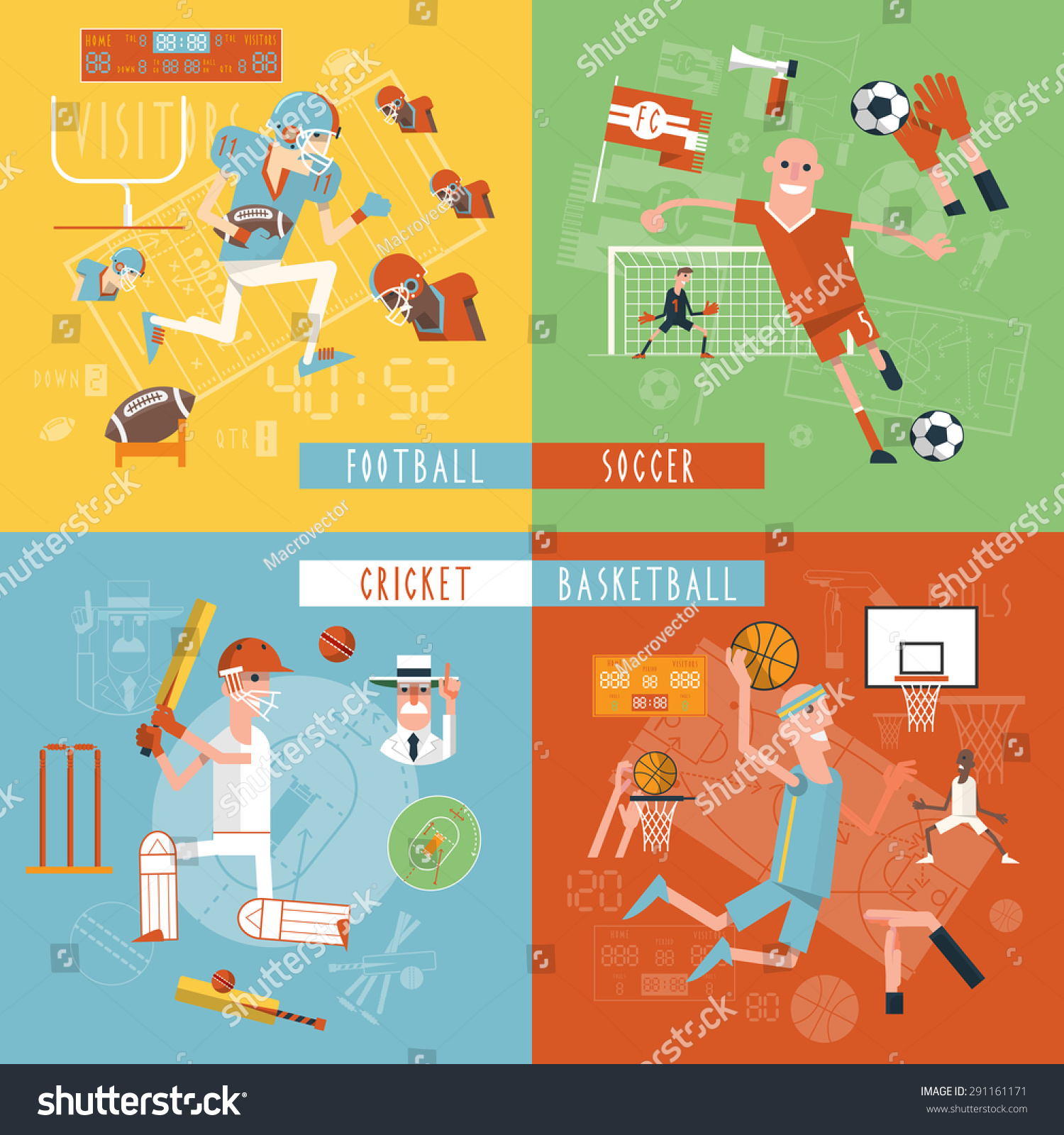 American Football Basketball Soccer And Cricket Matches 4 Flat Icons ...