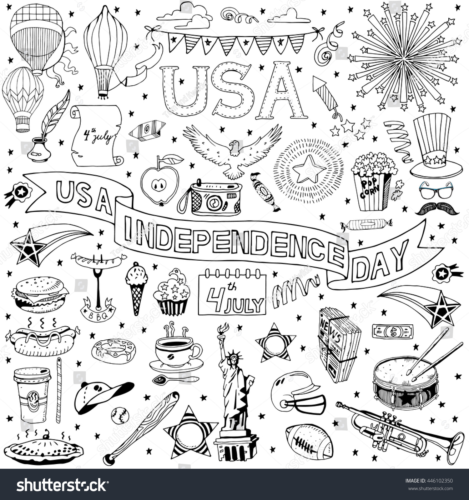 American Independence Day Themed Doodle Set Stock Vector Royalty