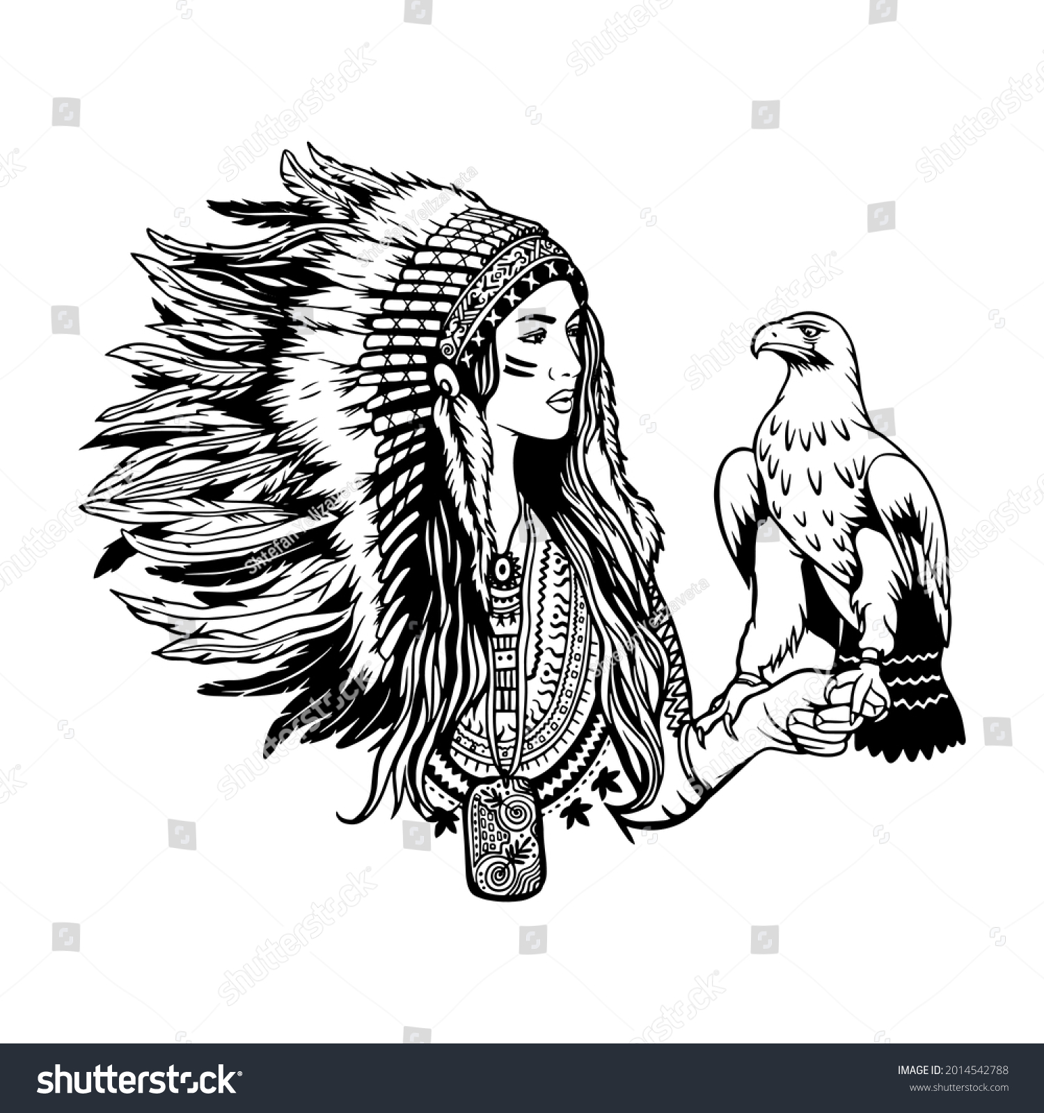 SVG of American Indian girl svg. national headdress and an eagle sitting on her hand. Indian girl cutting file svg. Eagle svg. Plotter American Indian clipart svg