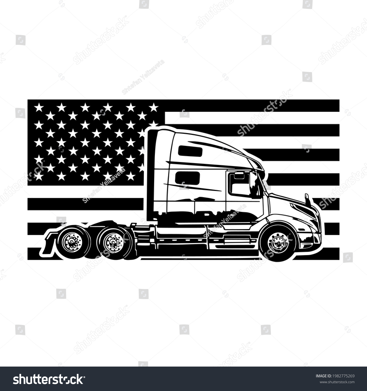 SVG of American semi-truck on the background of the American flag. Vector illustration for printing and cutting svg