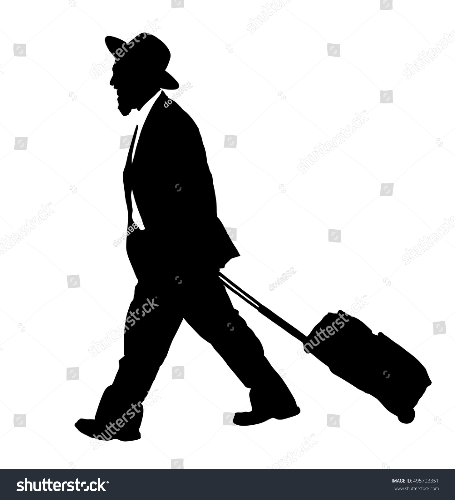 SVG of Amish man in suite vector silhouette illustration. Jewish businessman. Tourist man traveler walking with rolling suitcase vector isolated on white. Diamond merchant. Jeweler buyer, trader from Israel svg