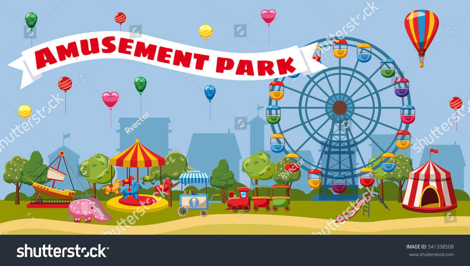 Amusement Park Landscape Concept Cartoon Illustration Stock Vector