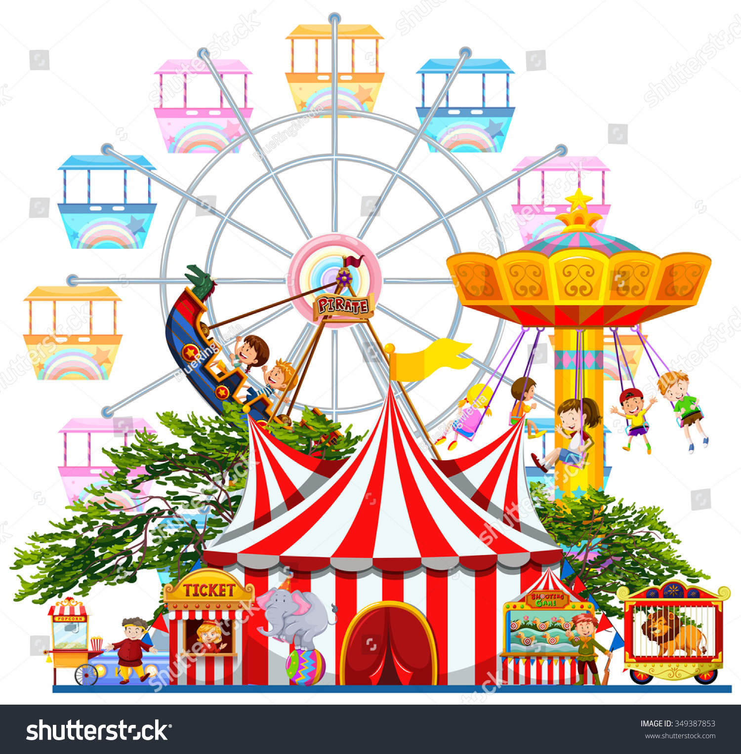 Amusement Park Scene Many Rides Illustration Stock Vector 349387853 ...