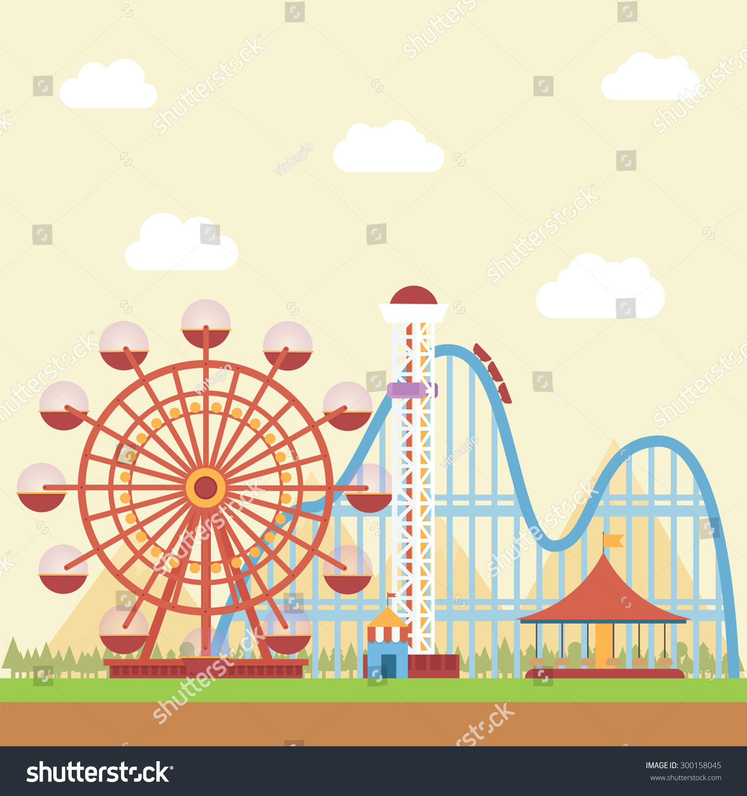 Amusement Park With Mountain View In The Background Stock Vector ...