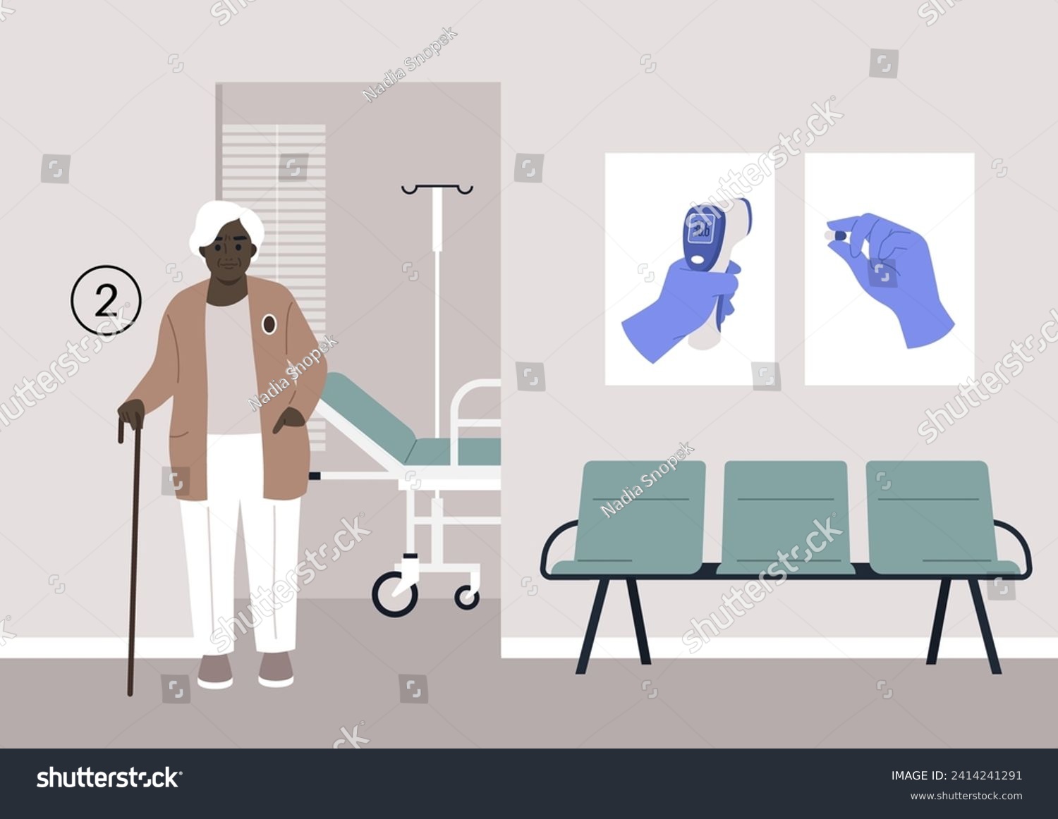 SVG of An elderly individual patiently waits in the hospital corridor, anticipating their annual checkup svg