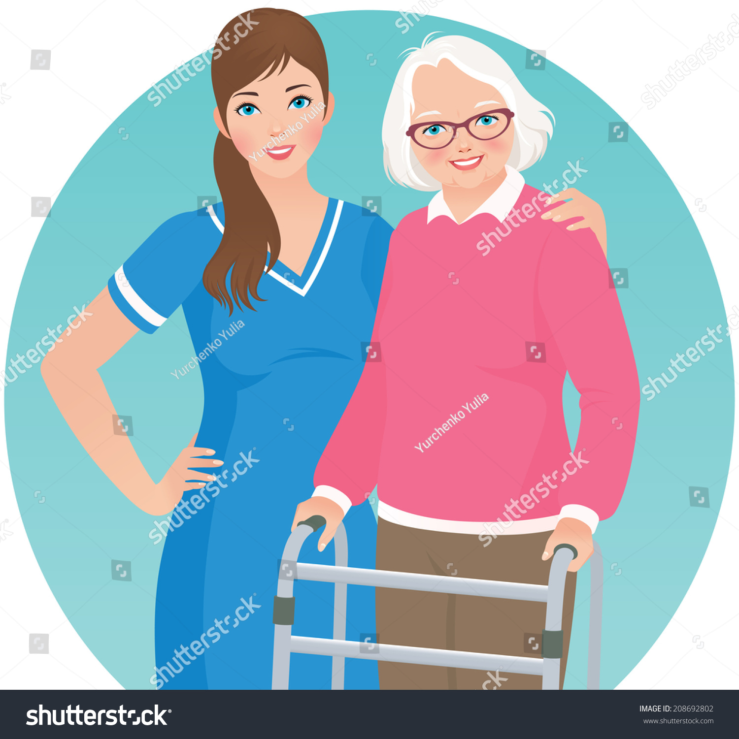 An Elderly Woman With A Walker And Nurse/Elderly Patient And A Nurse ...