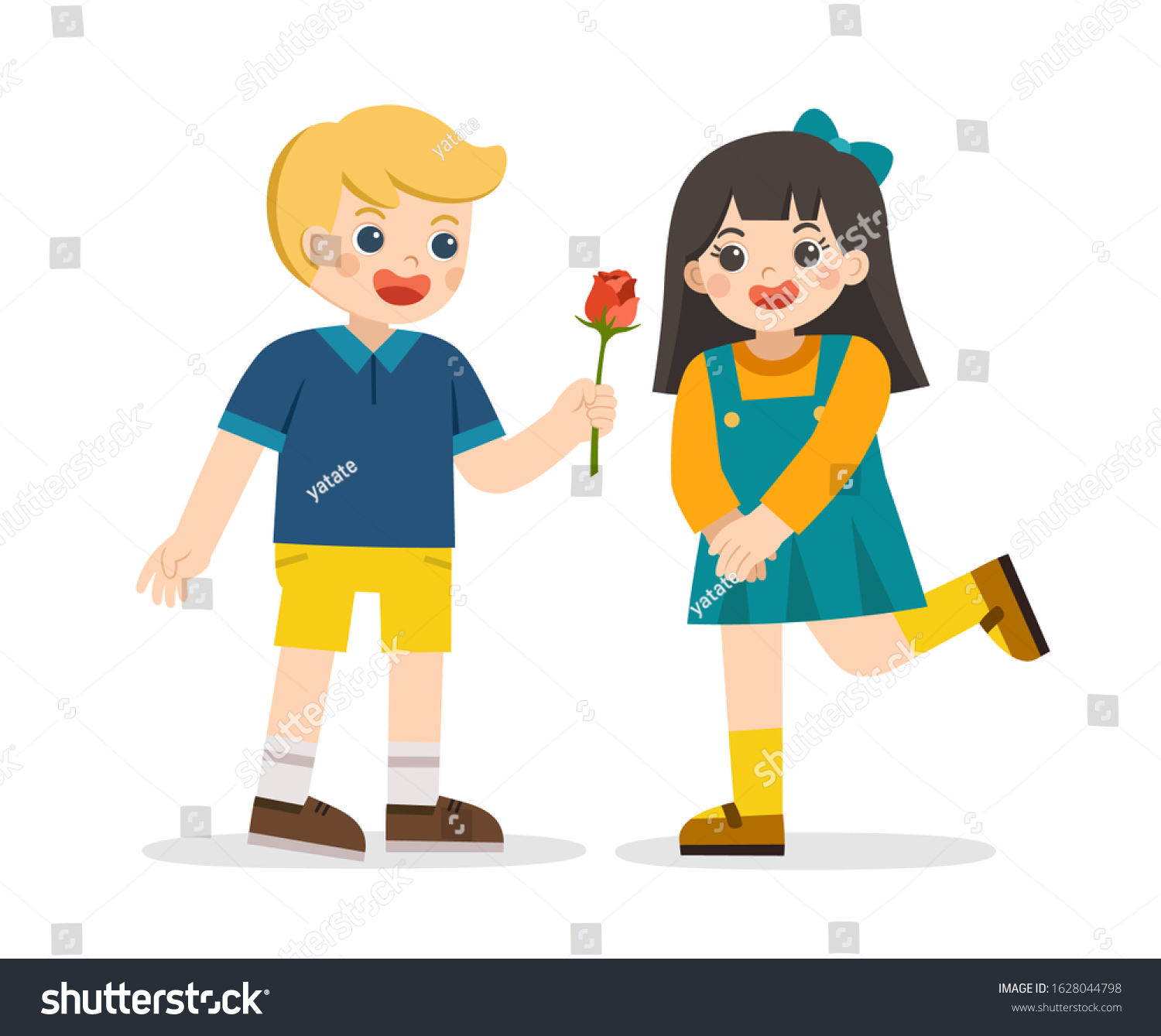 SVG of An enamored boy is giving a rose to girl. Little boy in love giving cute girl. Couple propose with flower. Couple on romantic date. svg