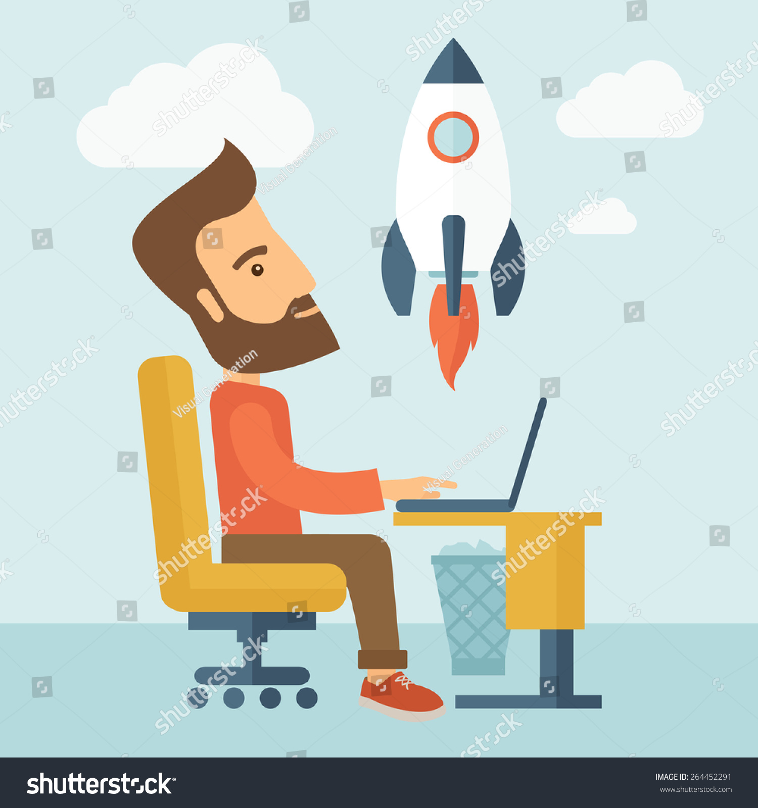 SVG of An enthusiastic, eager hipster Caucasian young man with beard sitting in front of his laptop browsing, researching  and planning a metaphor for new business. On-line start up business concept. A svg