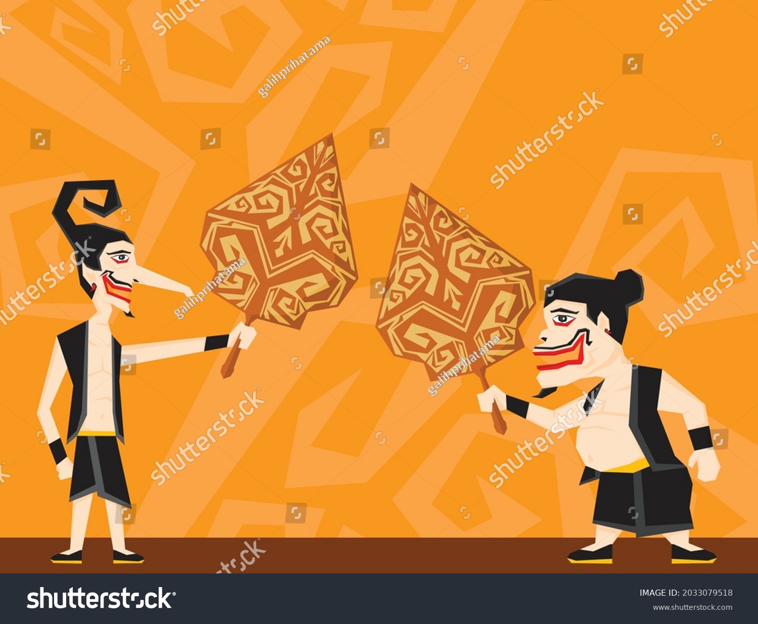 SVG of An illustration of member from Punakawan, Petruk and Bagong, holding a Gunungan wayang. Punakawan figures is very well known in the world of Wayang, one of Indonesia's unique traditions. svg