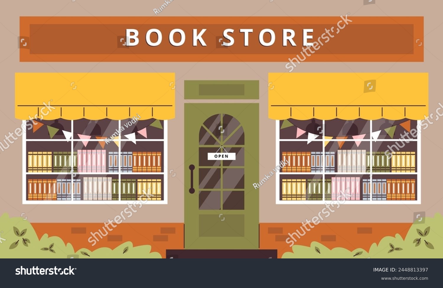 SVG of An inviting bookstore facade with colorful awnings and a welcoming 'Open' sign, depicted in a charming and quaint vector illustration style. svg