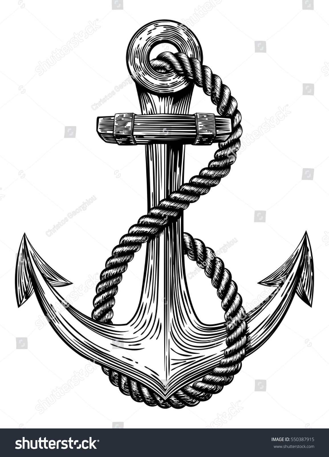 SVG of An original  illustration of a ships anchor and rope in a vintage woodcut woodblock style svg