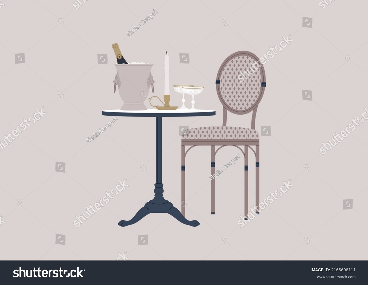 SVG of An outdoor french cafe table with a rattan chair, a champagne bucket, a candlestick, and sparkling wine glasses svg