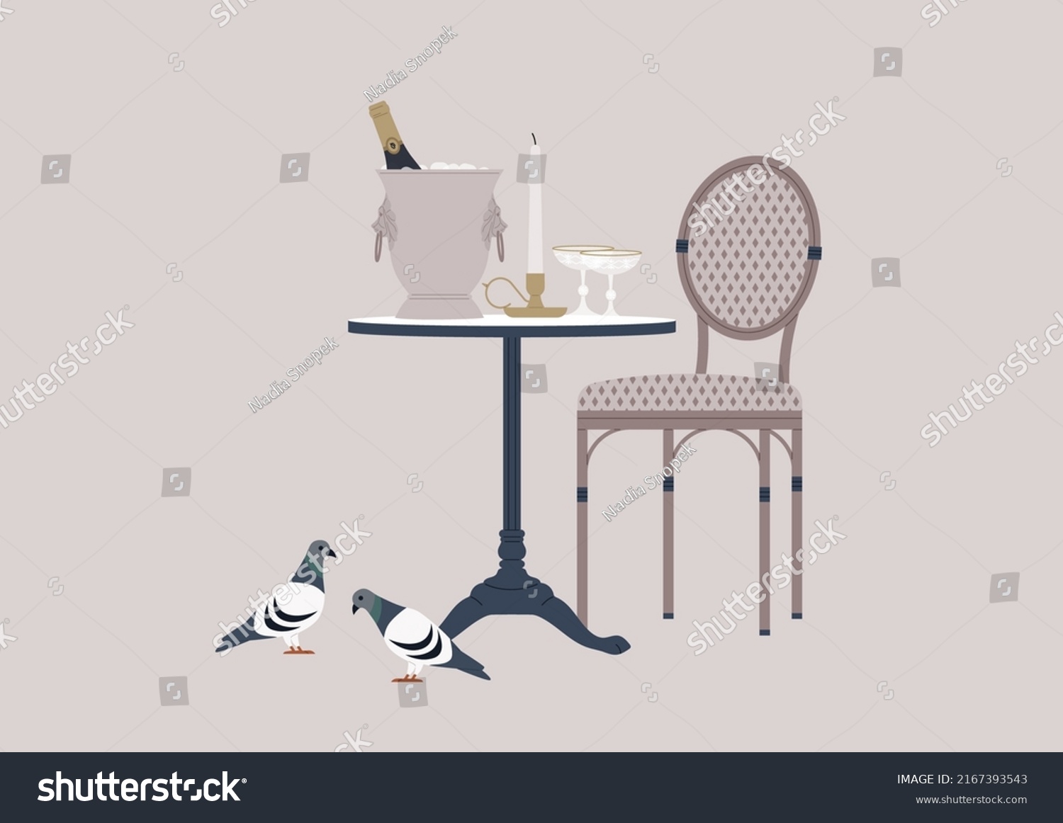 SVG of An outdoor french cafe table with a rattan chair, a champagne bucket, a candlestick, and sparkling wine glasses, pigeons walking nearby svg