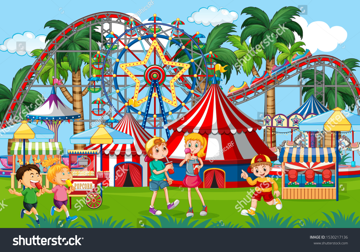 Outdoor Funfair Scene Kids Playing Illustration Stock Vector (Royalty ...