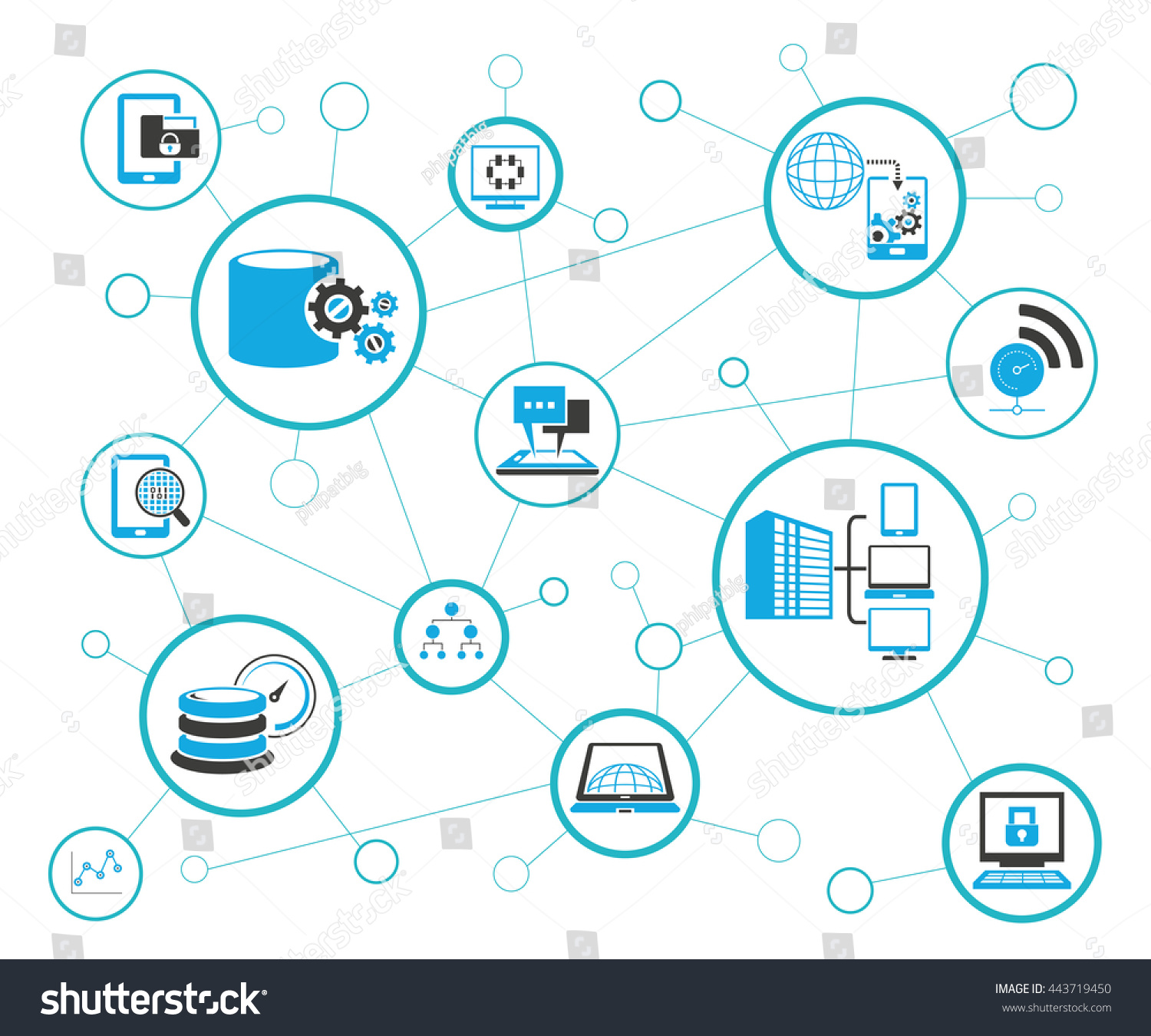 stock vector analytics data icons and network diagram on white background information technology concept 443719450