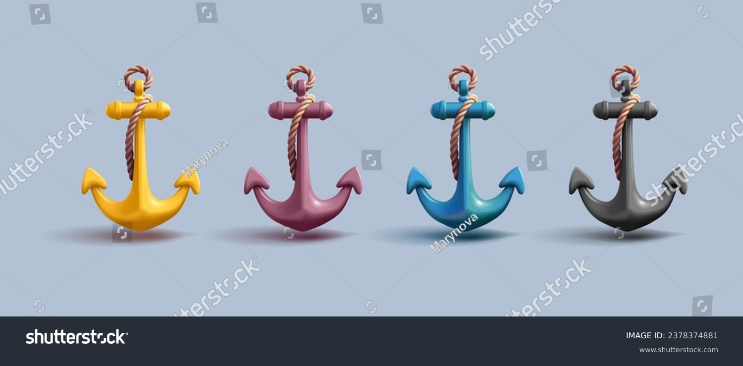 SVG of anchor 3D vector icon set, sailing retro anchor with rope in different colors, render illustration, isolated svg