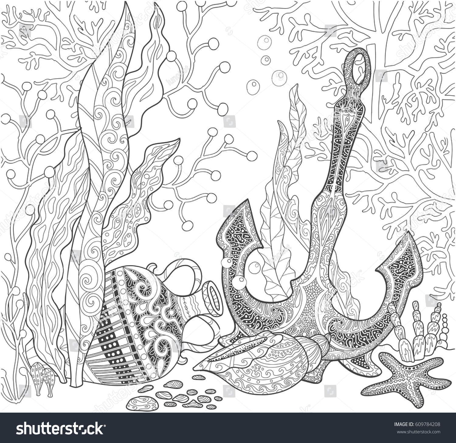 Anchor of ship and shells on the seabed adult coloring book page in doodle style