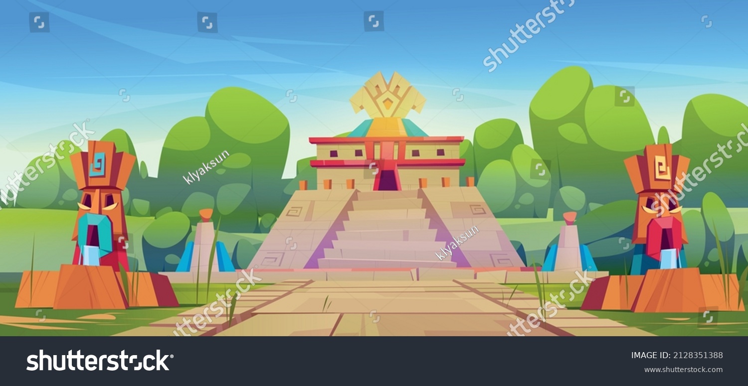 SVG of Ancient aztec pyramid, temple and statues, historical landmarks of mayan civilization. Vector cartoon illustration of summer landscape with tropical forest and mesoamerican village with ziggurat svg