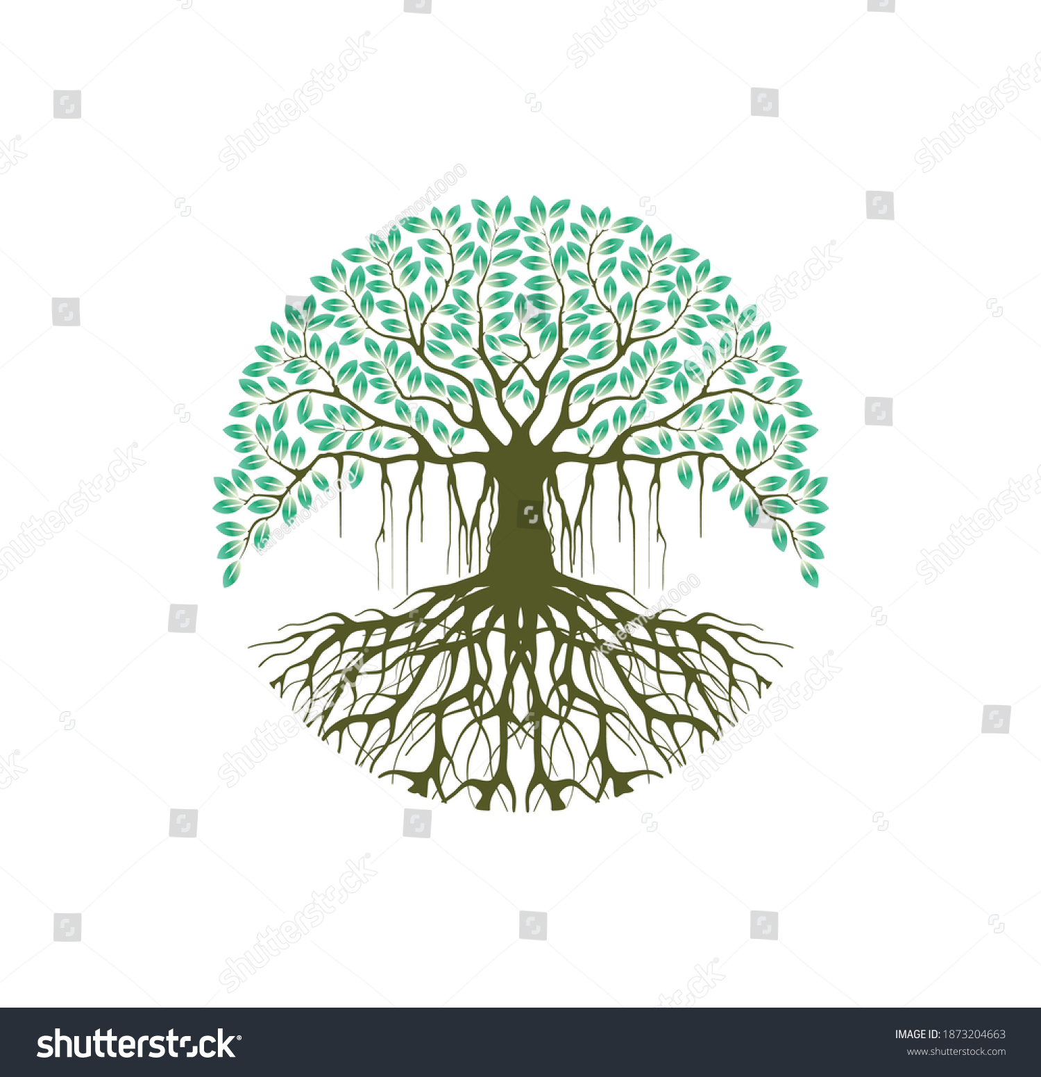SVG of Ancient banyan tree. Abstract tree logo with circular shape. green spring tree with leaves, wood and roots on white background, vector, Abstract  and Unique Tree Vector illustration  svg