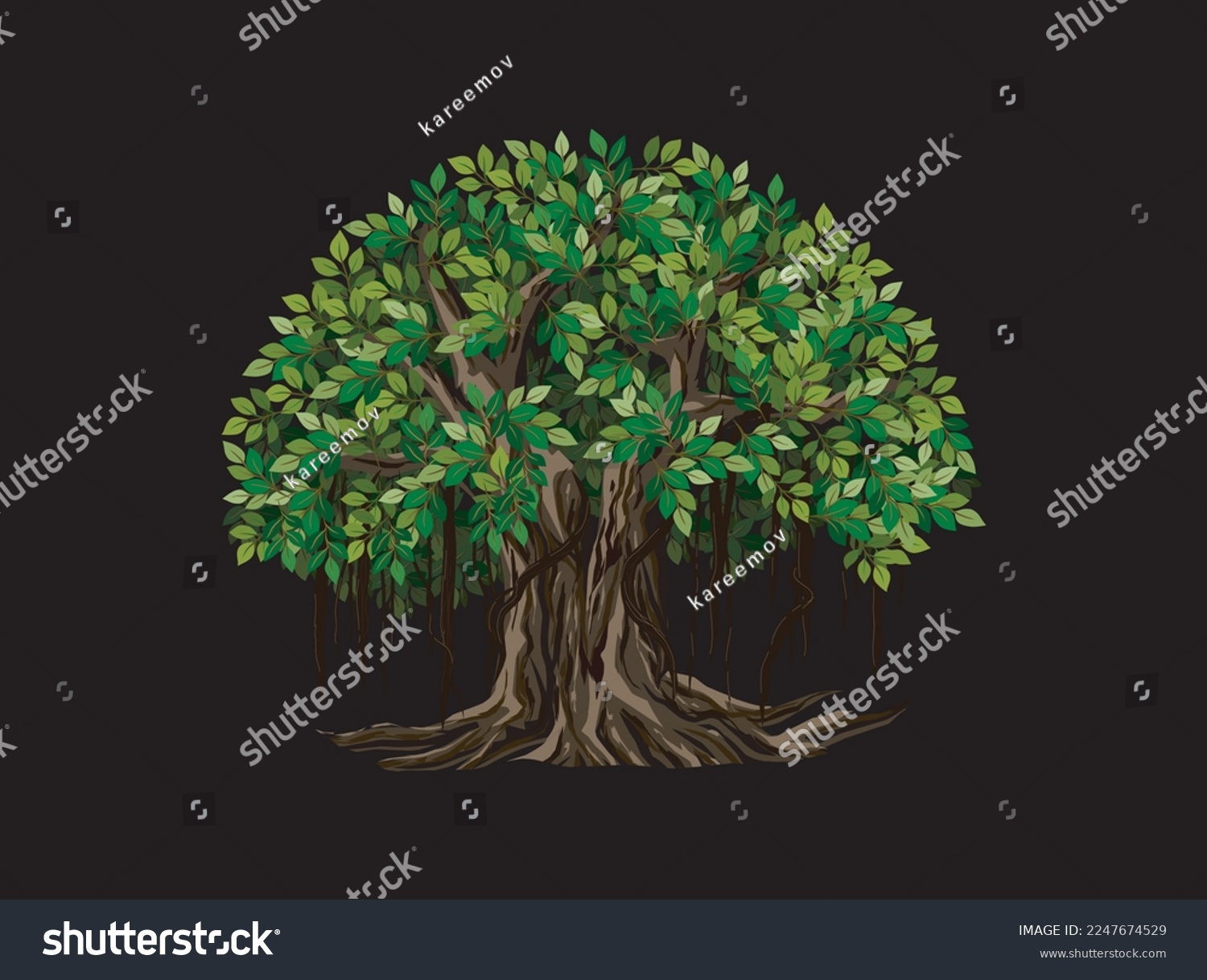 SVG of Ancient Banyan tree vector illustrations, hand drawn art isolated on black background. svg