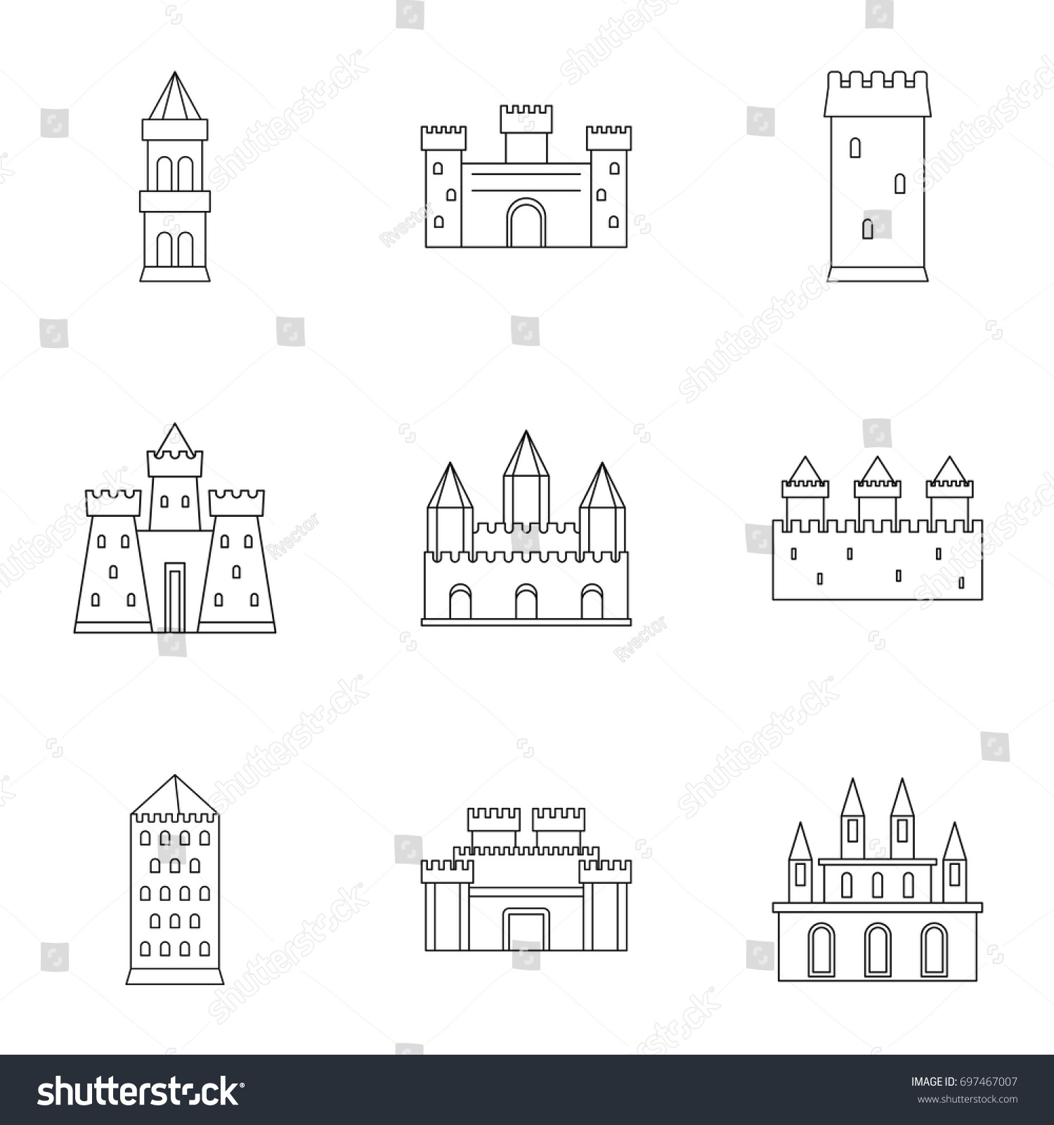 SVG of Ancient castles icon set. Outline style set of 9 ancient castles vector icons for web isolated on white background svg