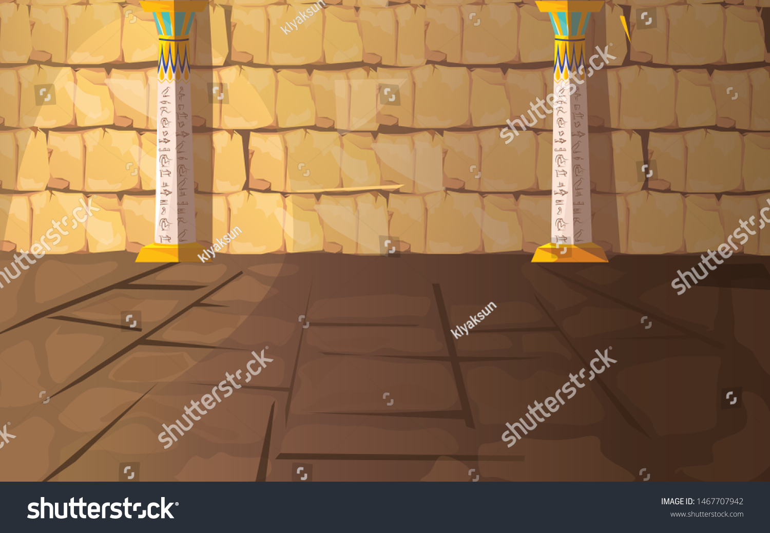SVG of Ancient Egypt empty pharaoh tomb or temple room cartoon vector illustration. Egyptian pyramid interior with hieroglyphs on stone walls and white columns with oranment, background for game design svg