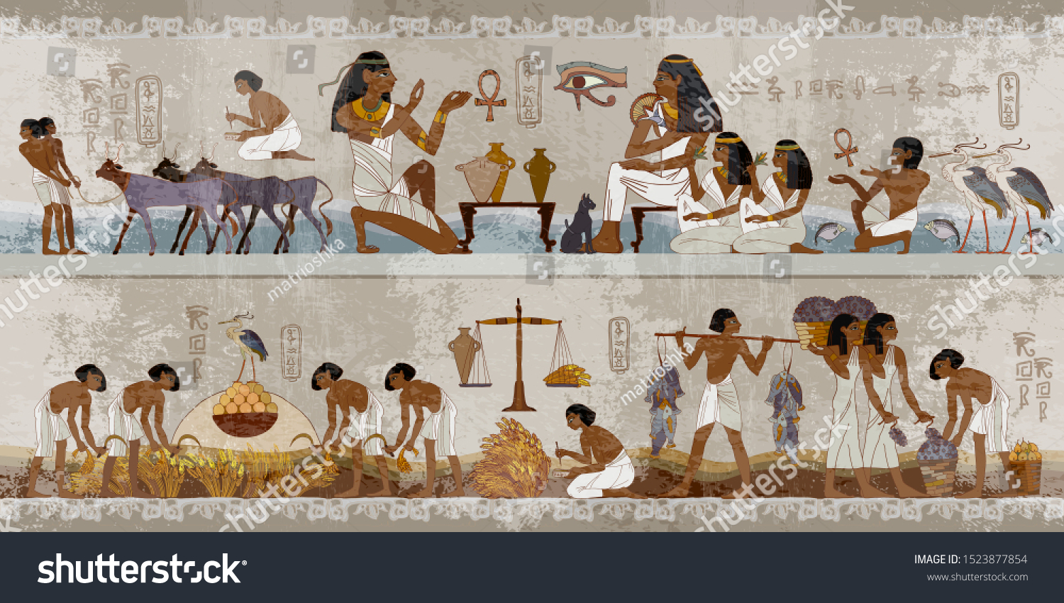 Ancient Egypt Frescoes Agriculture Workmanship Fishery: เวกเตอร์สต็อก ...