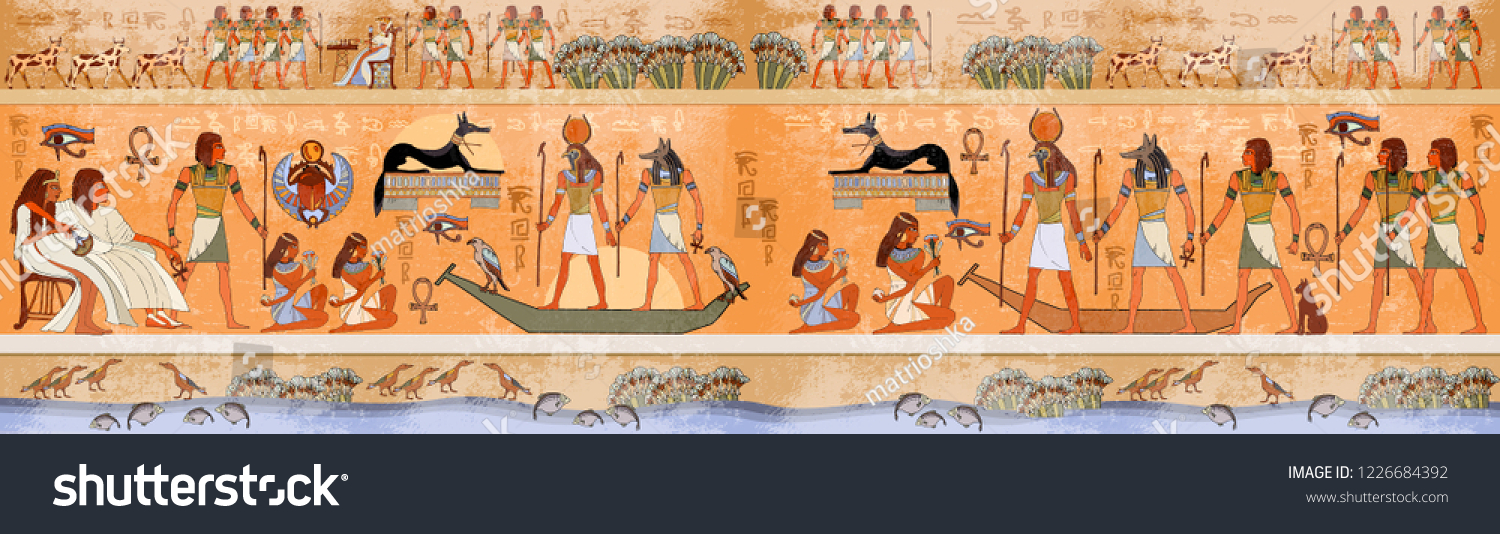 SVG of Ancient Egypt scene, mythology. Egyptian gods and pharaohs. Hieroglyphic carvings on the exterior walls of an ancient temple  svg