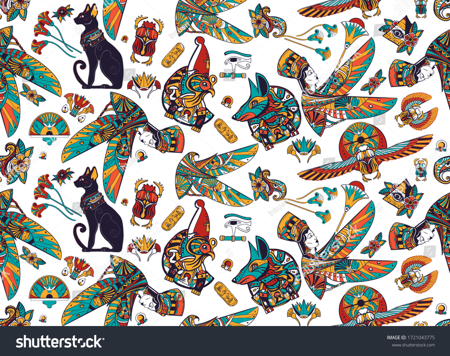 古代エジプトのシームレスな模様 古い入れ墨 アヌビス ラ ホルス 黒猫 クレオパトラ女王 アイ ホルス エジプト文明の背景に歴史芸術 のベクター画像素材 ロイヤリティフリー