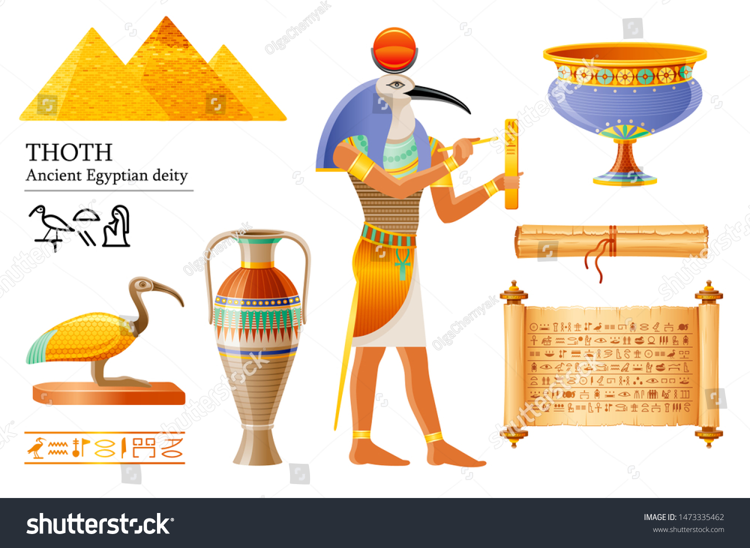 古代エジプトのトース 知恵の神 絵文字の書き方 イビの鳥の神 パピルスの巻物 花瓶 鉢 3dカートーンのベクターイラスト エジプトの古い壁画の絵のアイコン 白い背景に分離型 のベクター画像素材 ロイヤリティフリー