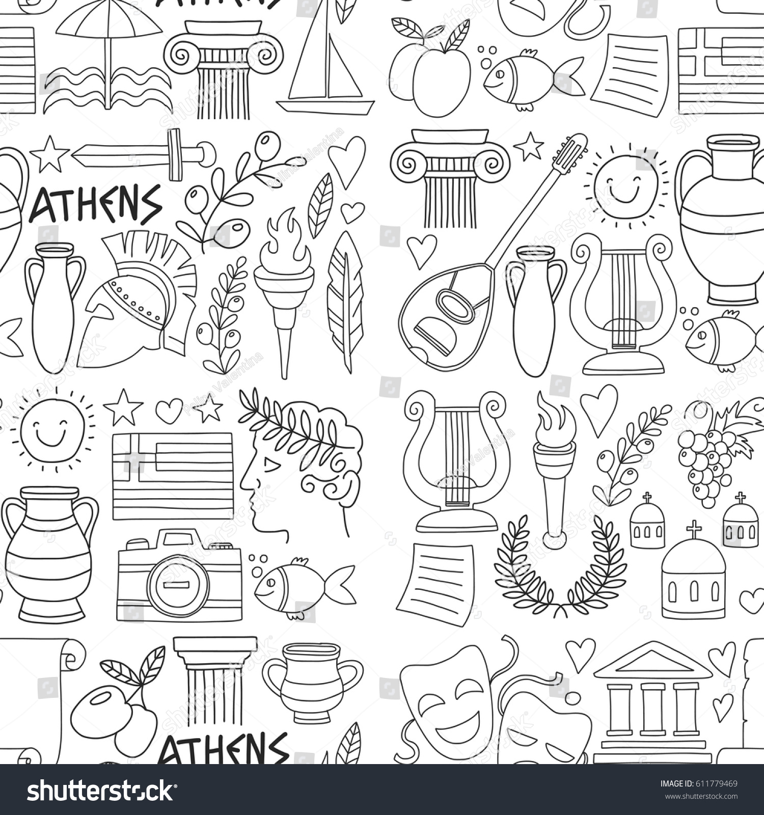 Ancient Greece Vector Elements Doodle Style Stock Vector Royalty