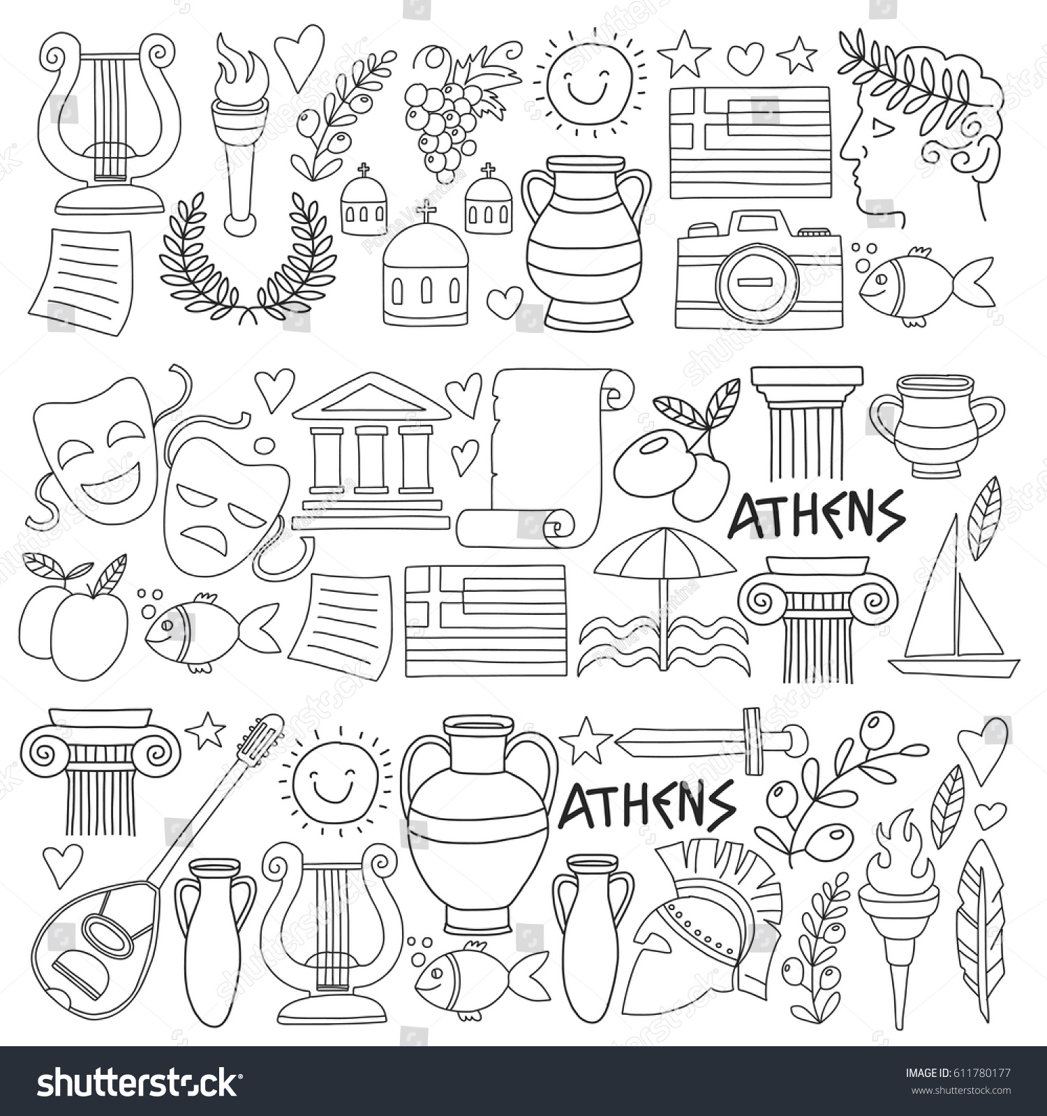 Ancient Greece Vector Elements Doodle Style Stock Vector Royalty