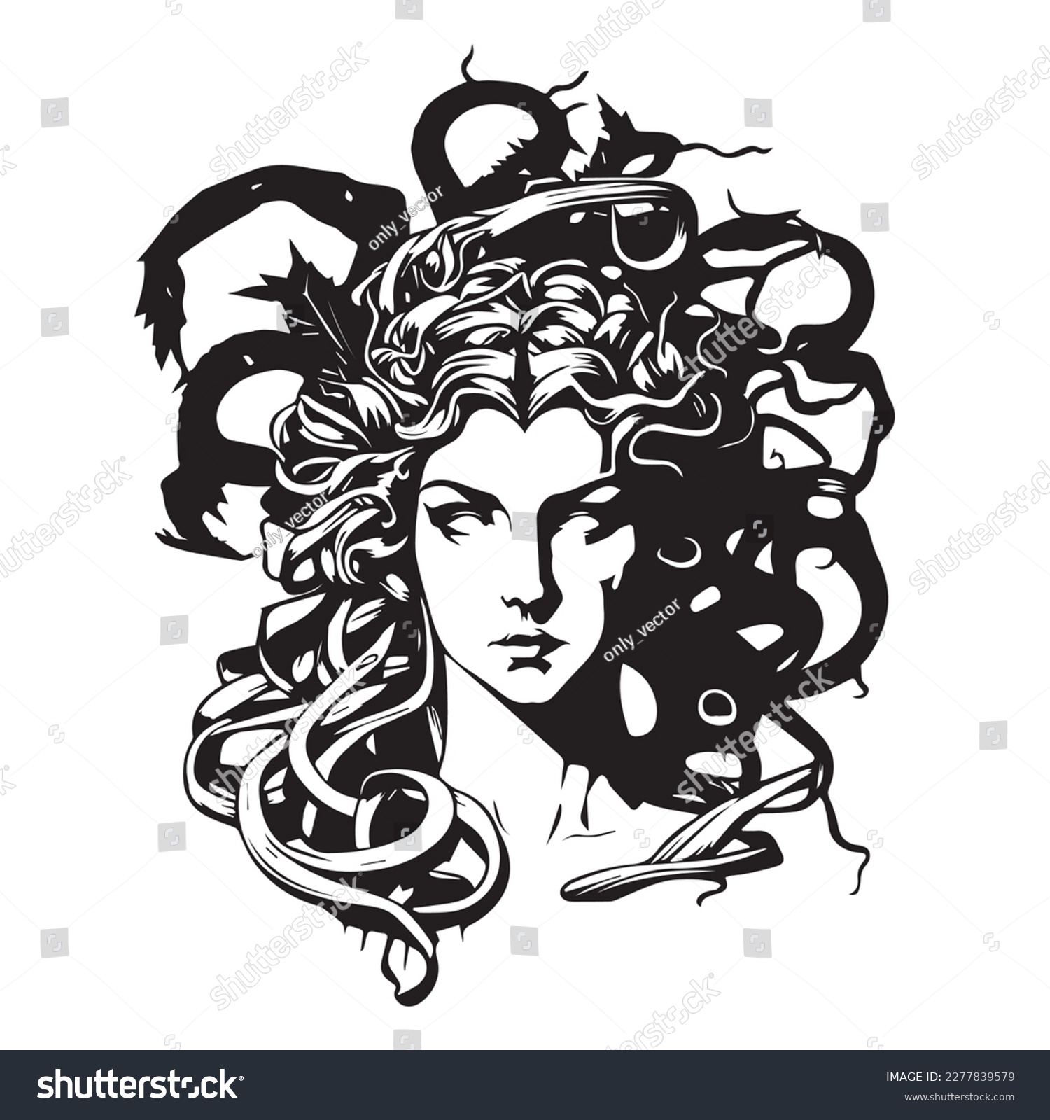 SVG of Ancient greek Gorgon Medusa, woman head logo. Vector illustration of female face. Silhouette svg, only black and white. svg