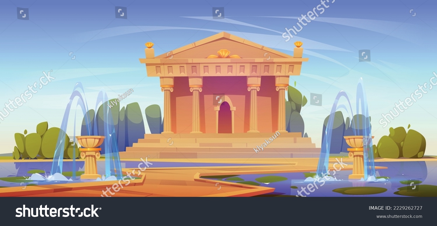 SVG of Ancient Greek or Roman style building with columns in park with green trees and beautiful fountains. Emperors palace surrounded by summer garden under blue sky. Antique architecture monument, history svg