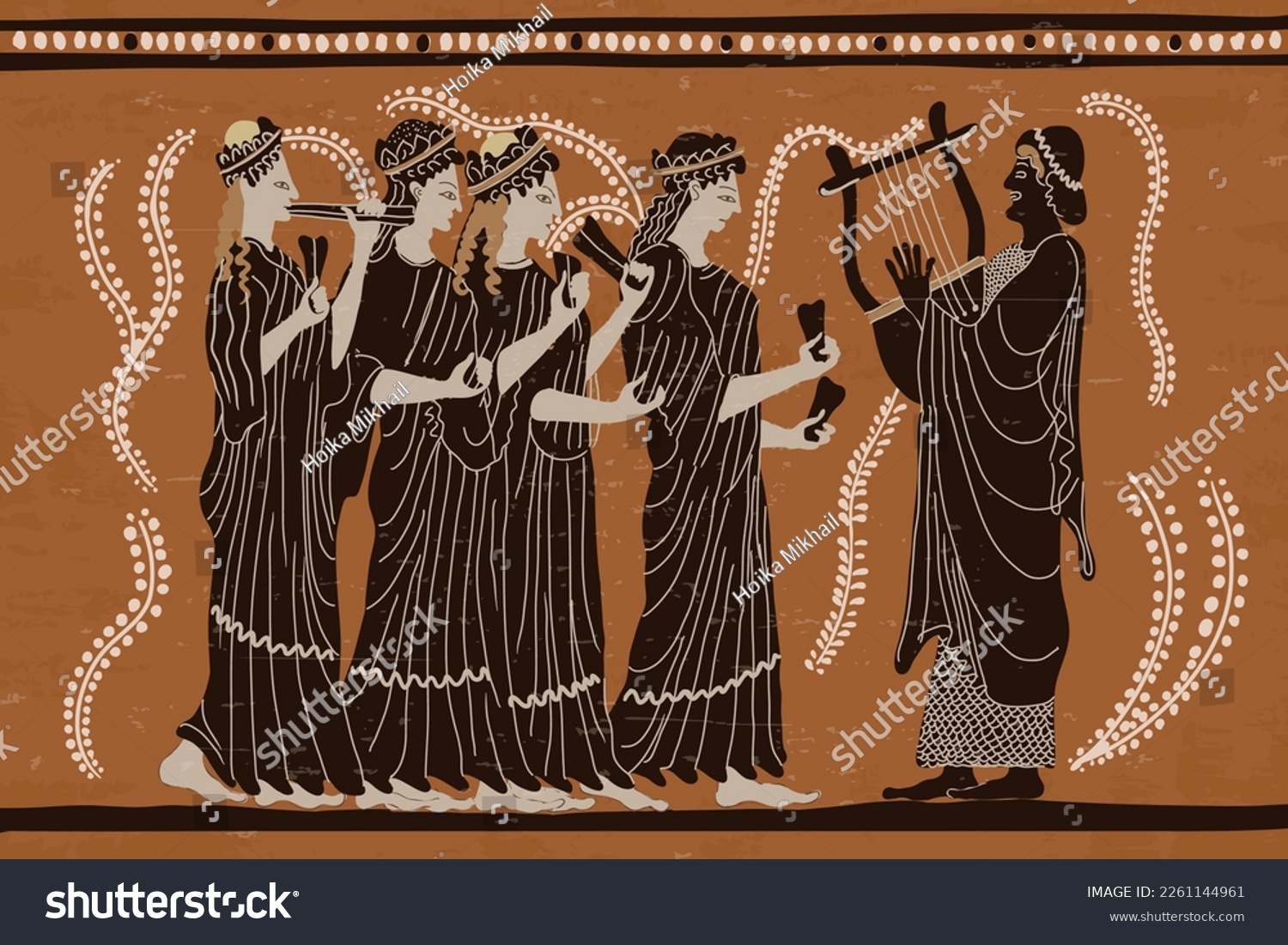SVG of Ancient Greek painting on dishes. Antique musicians with musical instruments play music svg