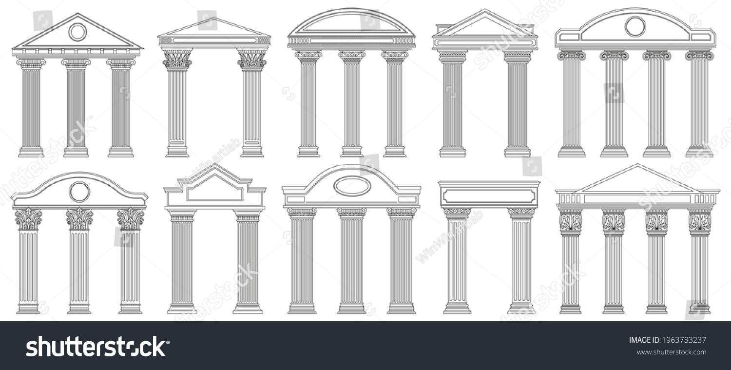 SVG of Ancient pediments. Greek and roman architecture temple facade with ancient pillars vector illustration set. Antique architectural pediments. Roman ancient vintage marble, greece facade architecture svg