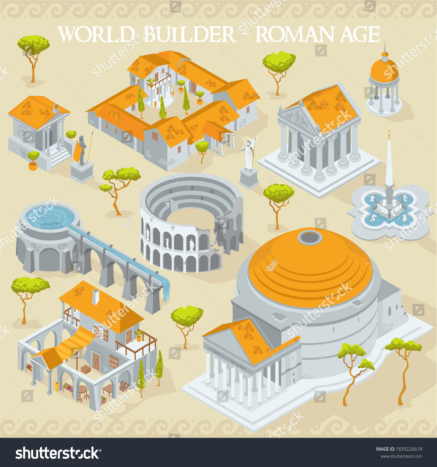 SVG of Ancient Roman Empire age map builder illustrations of architecture elements in isometric isolated vector illustration svg