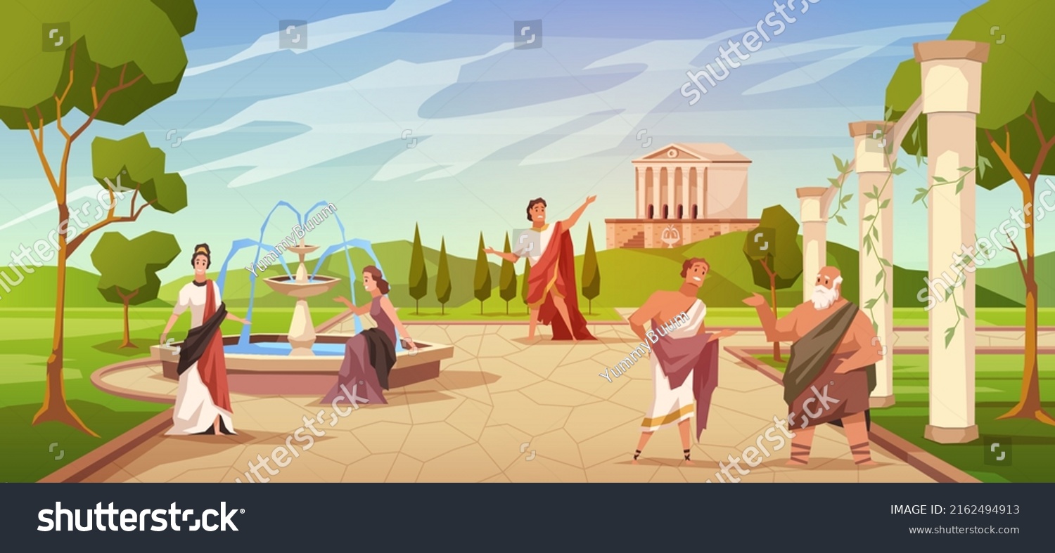 SVG of Ancient roman people. Civilian population pastime, greek male and female characters in tunics, cypresses trees, coliseum and amphitheater columns, temple, vector cartoon flat concept svg