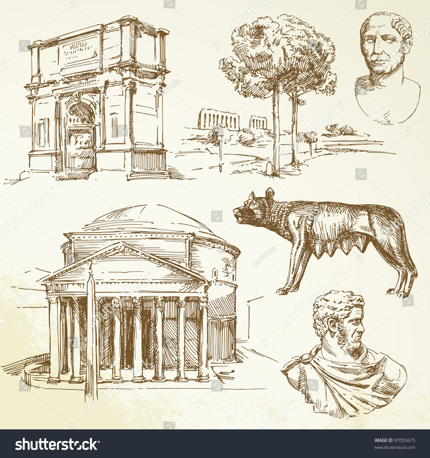 Ancient Rome Hand Drawn Set Stock Vector 97055675 - Shutterstock
