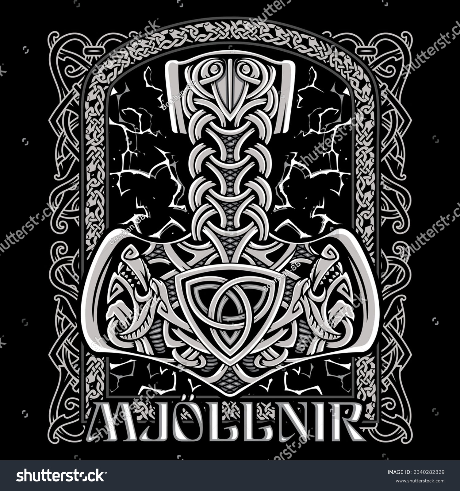 SVG of Ancient Scandinavian design. Thor's Hammer, Mjolnir, with wolf heads, lightning and a Celtic-Scandinavian pattern, isolated on black, vector illustration svg