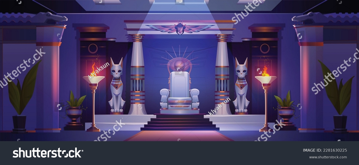 SVG of Ancient throne in egyptian palace at night. Dark old egypt temple architecture with god symbol - sun, cat, scarab sacer. Symmetry construction interior design with statue and sit place in room. svg