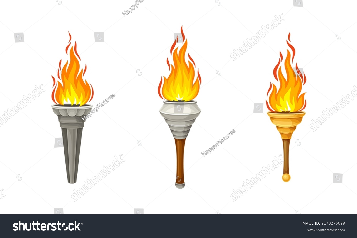 Ancient Torches Flame Flaming Metal Wooden Stock Vector (Royalty Free